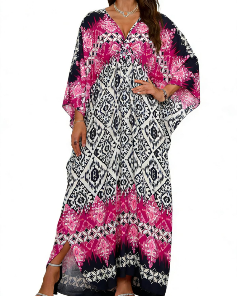 Janet Kaftan za žene velikih veličina – maxi lepršava haljina za plažu, V-izrez i šišmiš rukavi, boho stil
