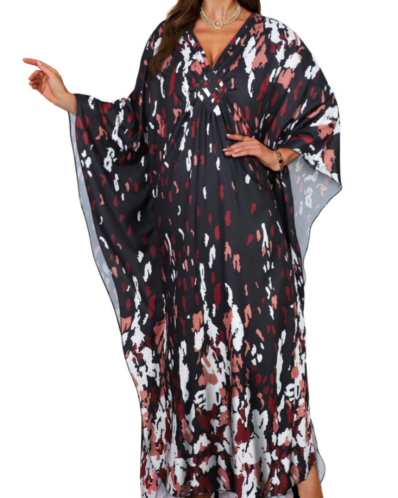 Janet Kaftan za žene velikih veličina – maxi lepršava haljina za plažu, V-izrez i šišmiš rukavi, boho stil