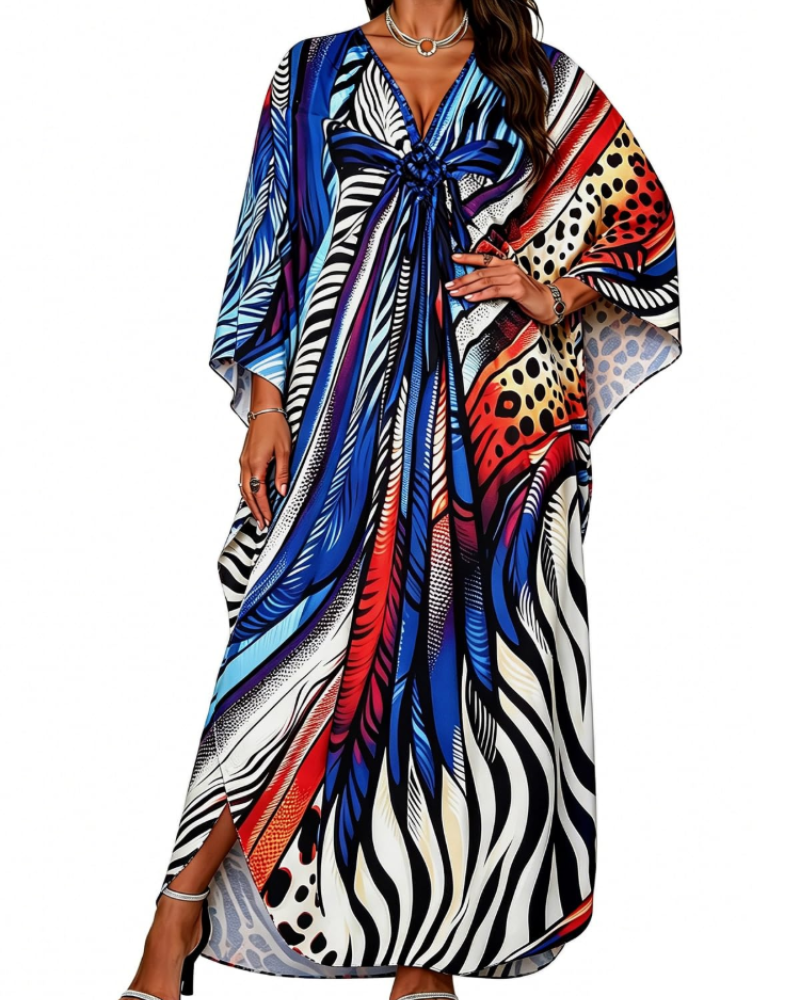 Janet Kaftan za žene velikih veličina – maxi lepršava haljina za plažu, V-izrez i šišmiš rukavi, boho stil