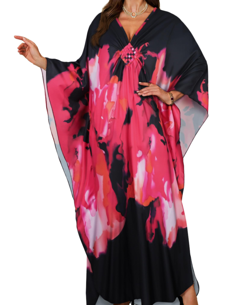 Janet Kaftan za žene velikih veličina – maxi lepršava haljina za plažu, V-izrez i šišmiš rukavi, boho stil