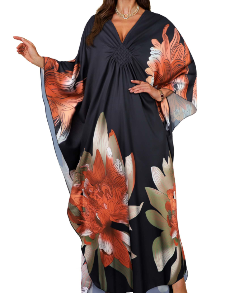 Janet Kaftan za žene velikih veličina – maxi lepršava haljina za plažu, V-izrez i šišmiš rukavi, boho stil