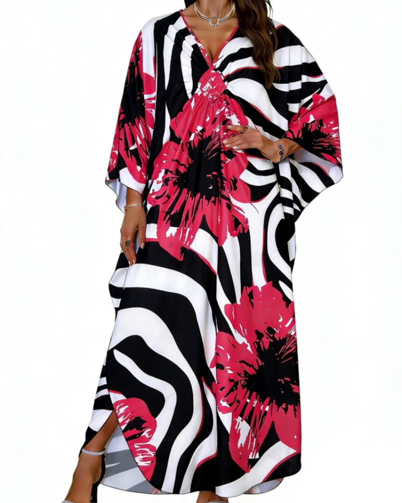 Janet Kaftan za žene velikih veličina – maxi lepršava haljina za plažu, V-izrez i šišmiš rukavi, boho stil