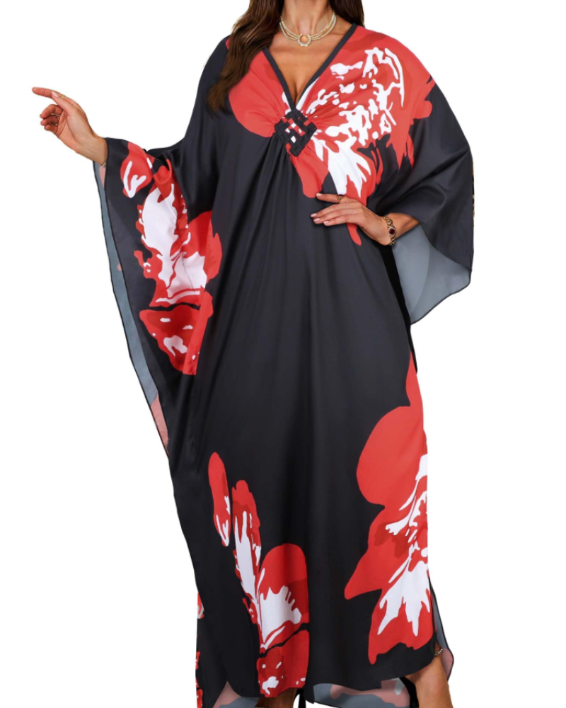 Janet Kaftan za žene velikih veličina – maxi lepršava haljina za plažu, V-izrez i šišmiš rukavi, boho stil