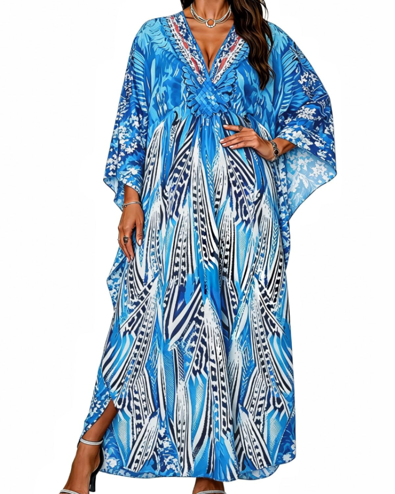 Janet Kaftan za žene velikih veličina – maxi lepršava haljina za plažu, V-izrez i šišmiš rukavi, boho stil