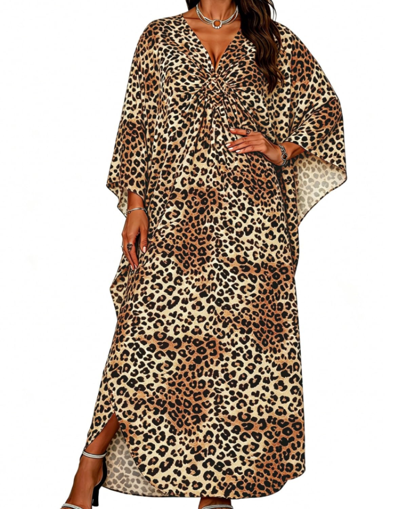 Janet Kaftan za žene velikih veličina – maxi lepršava haljina za plažu, V-izrez i šišmiš rukavi, boho stil