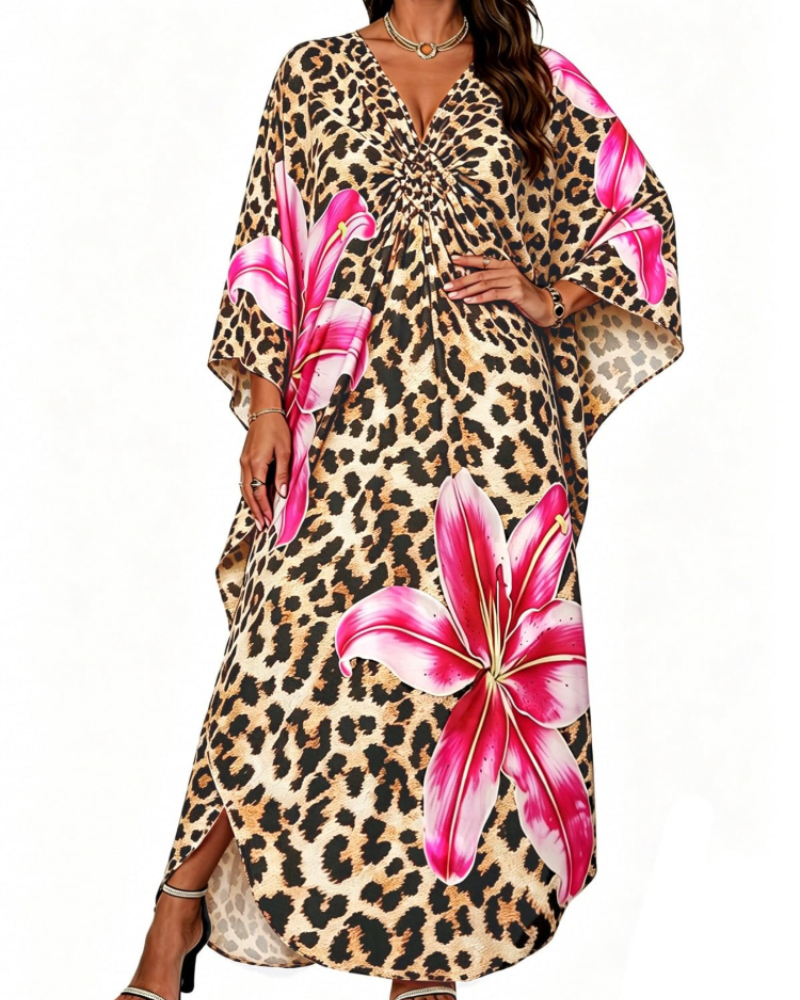 Janet Kaftan za žene velikih veličina – maxi lepršava haljina za plažu, V-izrez i šišmiš rukavi, boho stil