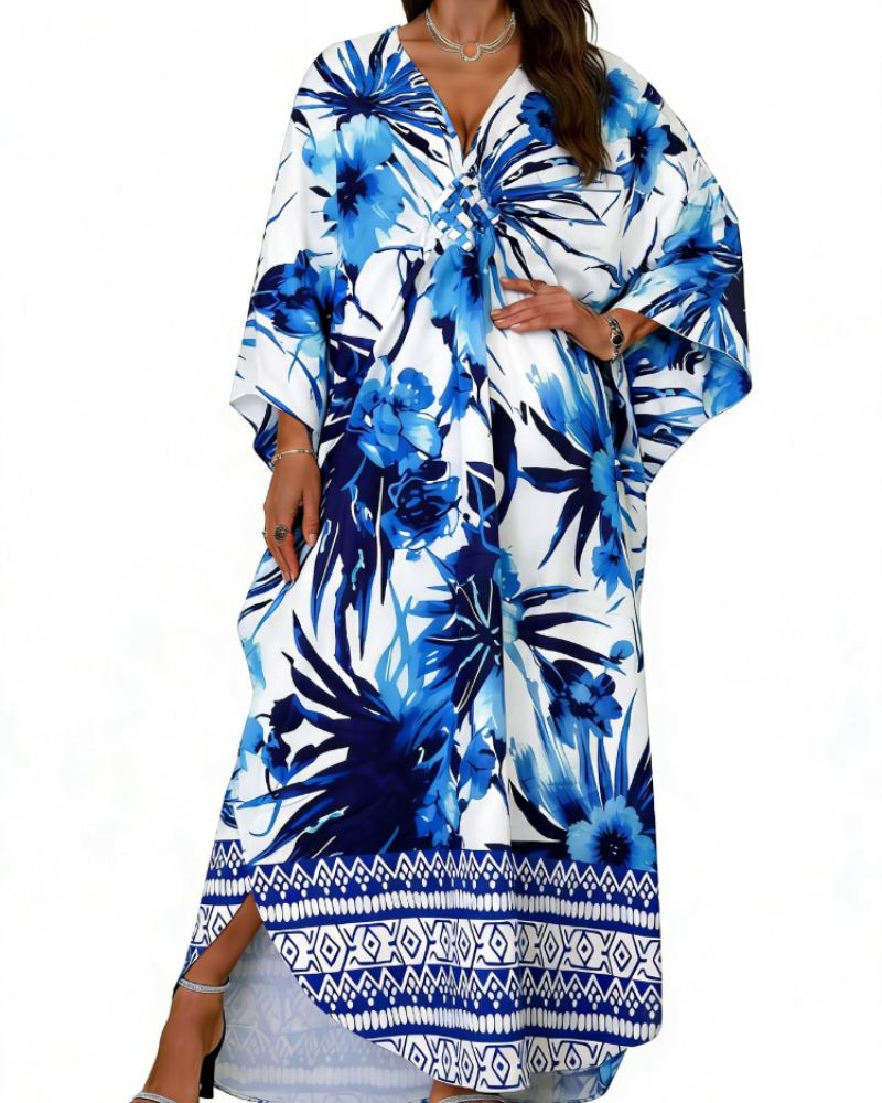 Janet Kaftan za žene velikih veličina – maxi lepršava haljina za plažu, V-izrez i šišmiš rukavi, boho stil
