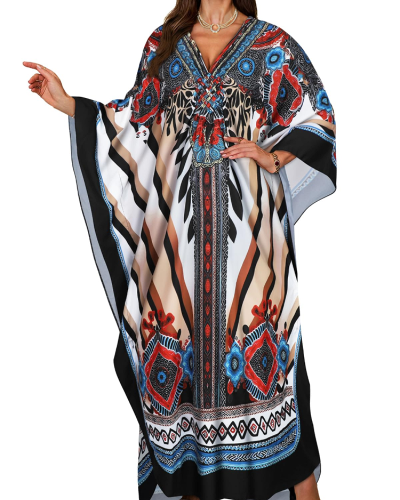 Janet Kaftan za žene velikih veličina – maxi lepršava haljina za plažu, V-izrez i šišmiš rukavi, boho stil