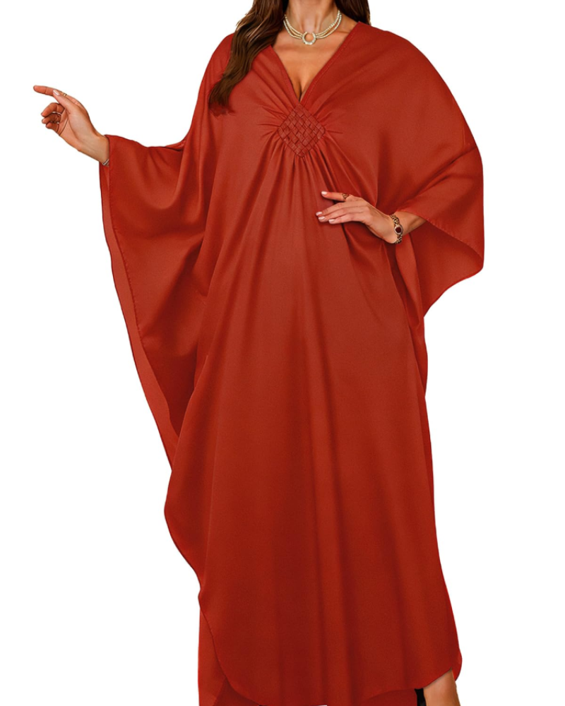 Janet Kaftan za žene velikih veličina – maxi lepršava haljina za plažu, V-izrez i šišmiš rukavi, boho stil