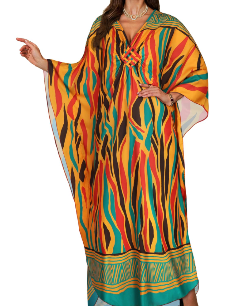 Janet Kaftan za žene velikih veličina – maxi lepršava haljina za plažu, V-izrez i šišmiš rukavi, boho stil