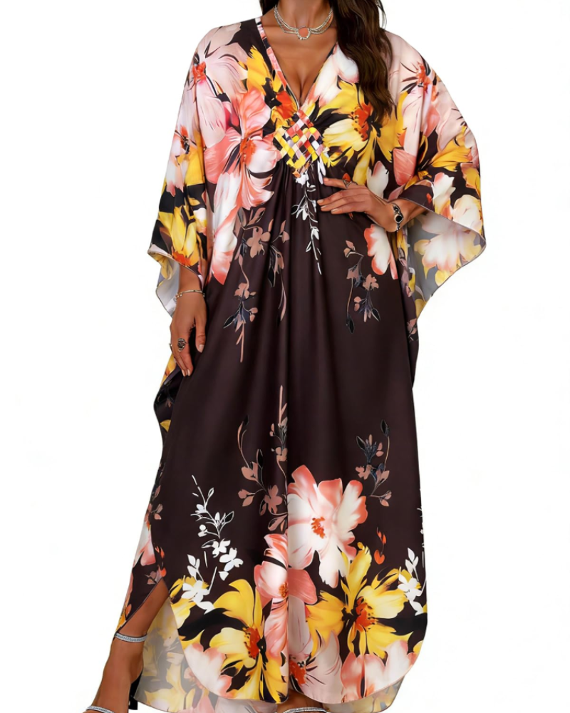 Janet Kaftan za žene velikih veličina – maxi lepršava haljina za plažu, V-izrez i šišmiš rukavi, boho stil