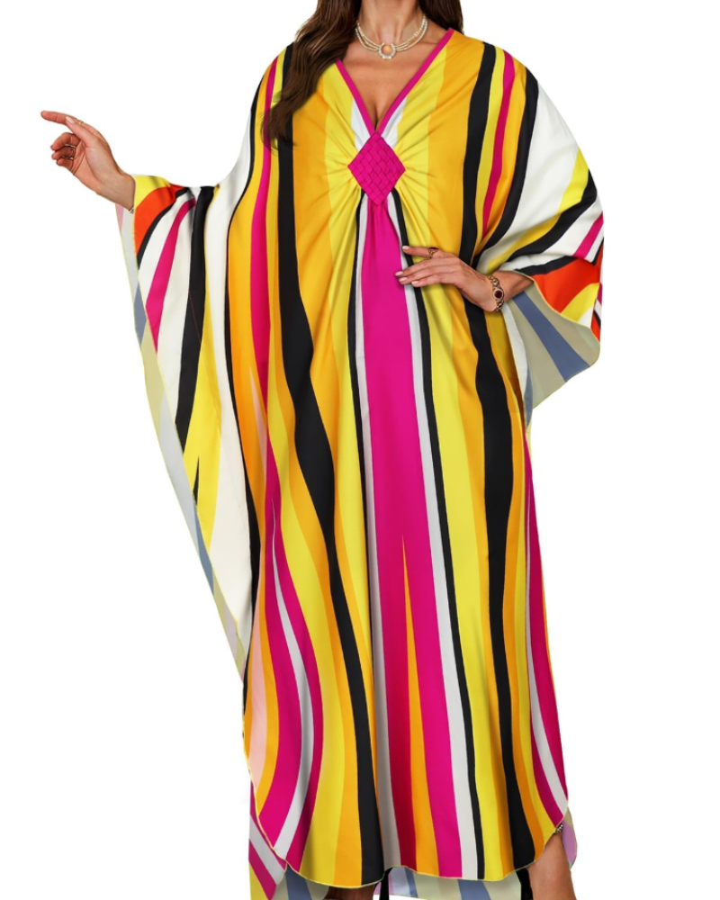 Janet Kaftan za žene velikih veličina – maxi lepršava haljina za plažu, V-izrez i šišmiš rukavi, boho stil