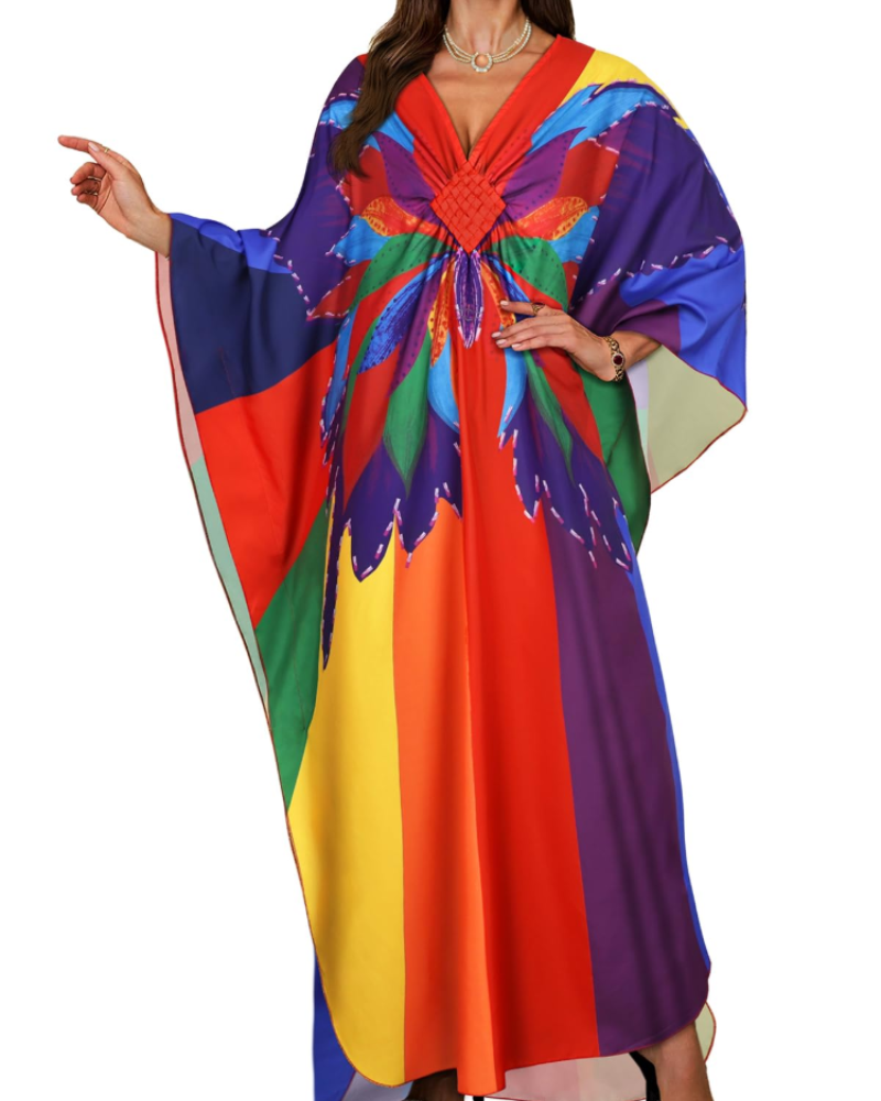 Janet Kaftan za žene velikih veličina – maxi lepršava haljina za plažu, V-izrez i šišmiš rukavi, boho stil