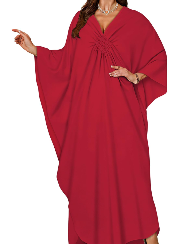 Janet Kaftan za žene velikih veličina – maxi lepršava haljina za plažu, V-izrez i šišmiš rukavi, boho stil