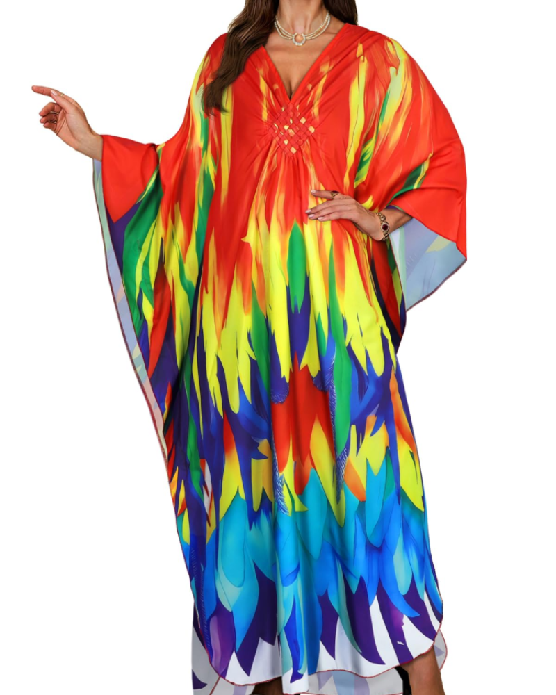 Janet Kaftan za žene velikih veličina – maxi lepršava haljina za plažu, V-izrez i šišmiš rukavi, boho stil