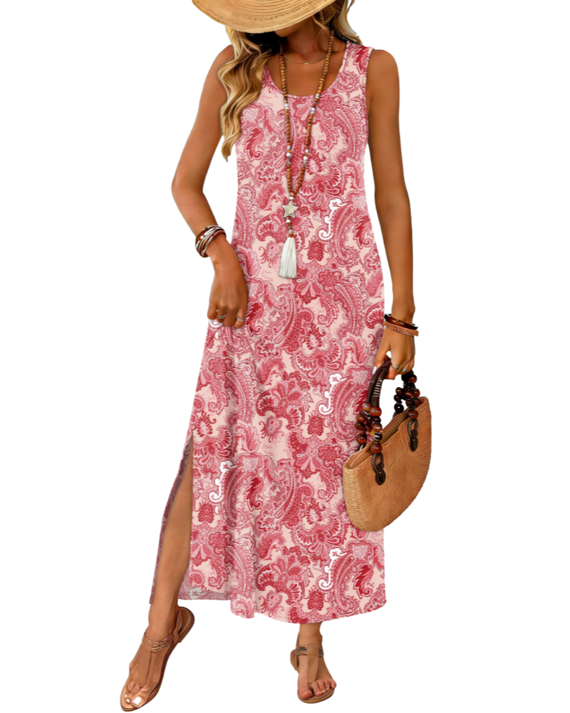 Janea Maxi Dress for Women – Sleeveless Summer Dress with Flowing Cut, Round Neck with Slit & Pockets, Bohemian Beach Style