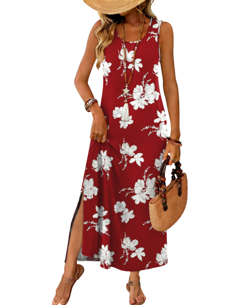 Janea Maxi Dress for Women – Sleeveless Summer Dress with Flowing Cut, Round Neck with Slit & Pockets, Bohemian Beach Style