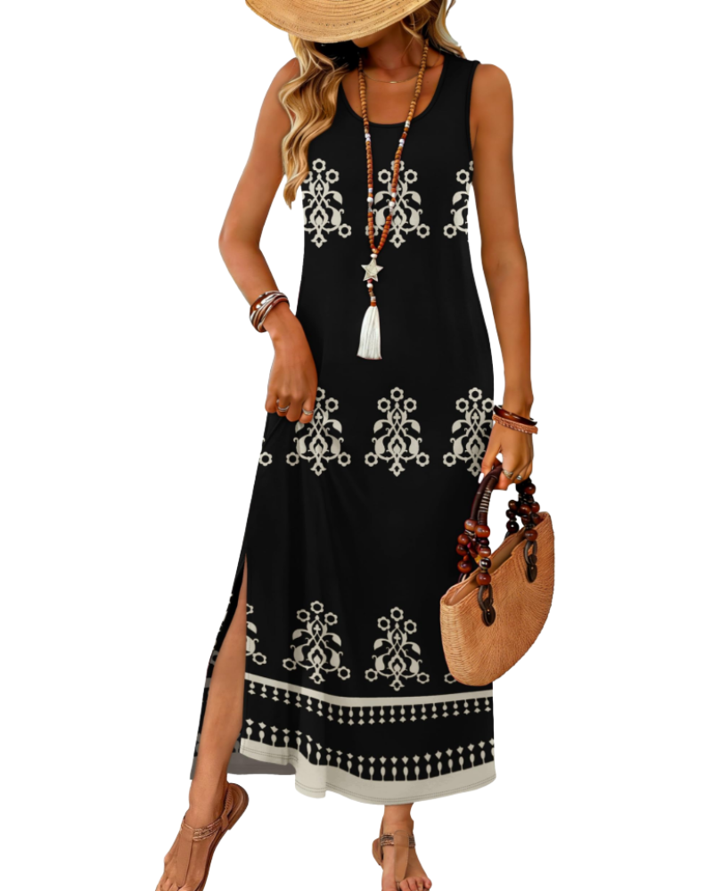 Janea Maxi Dress for Women – Sleeveless Summer Dress with Flowing Cut, Round Neck with Slit & Pockets, Bohemian Beach Style