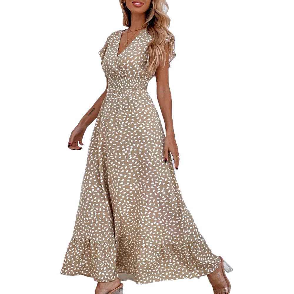 Gina maxi jurk dames – V-hals bloemenprint, pettal mouwen & elastische taille, luchtig zomer