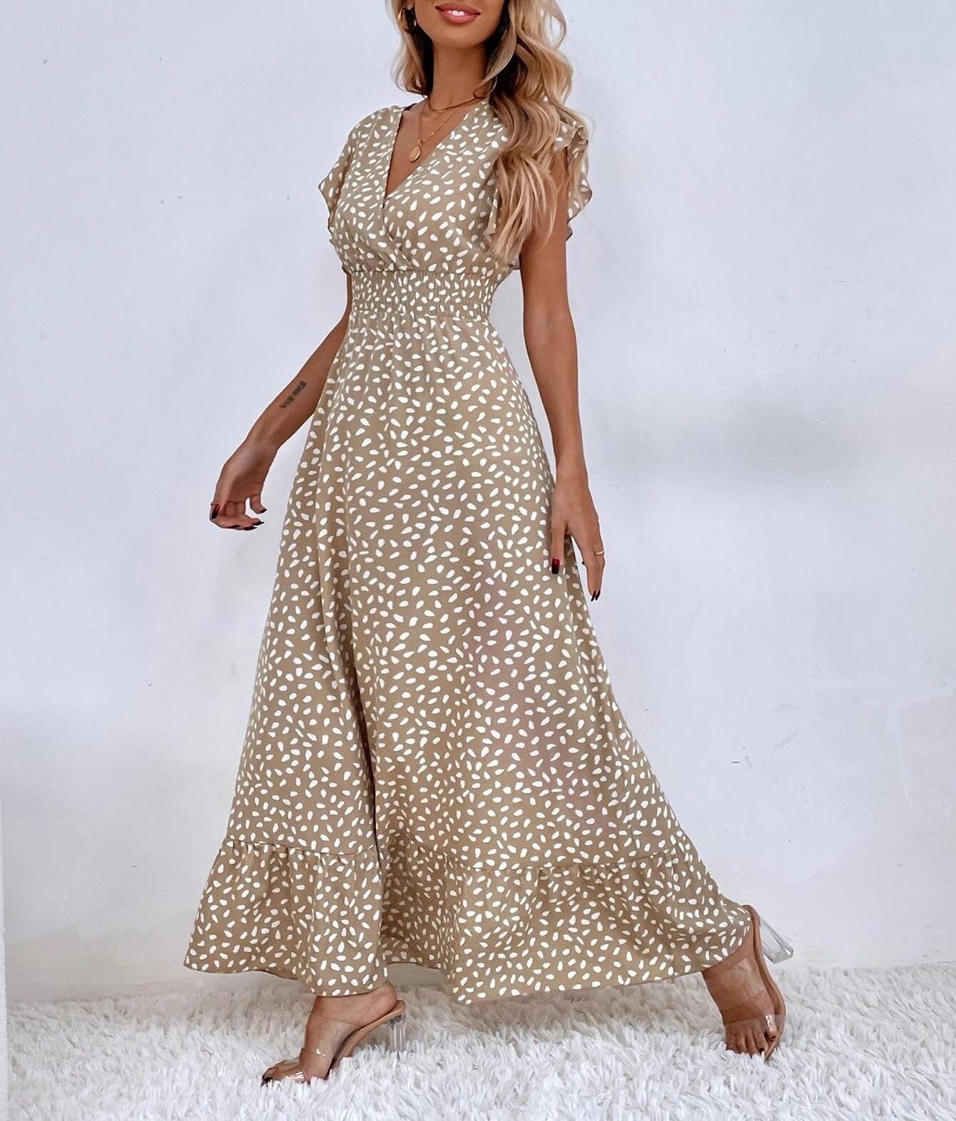 Gina maxi jurk dames – V-hals bloemenprint, pettal mouwen & elastische taille, luchtig zomer