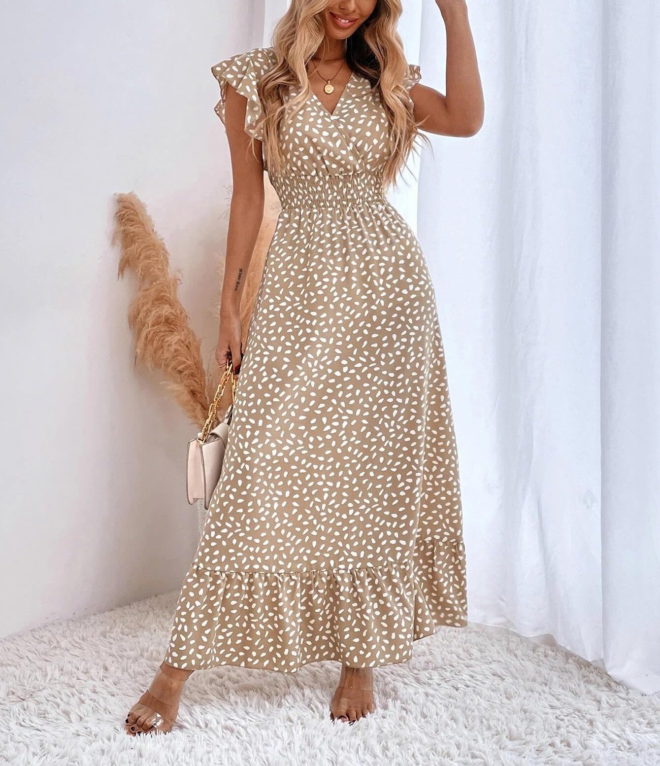 Gina maxi jurk dames – V-hals bloemenprint, pettal mouwen & elastische taille, luchtig zomer