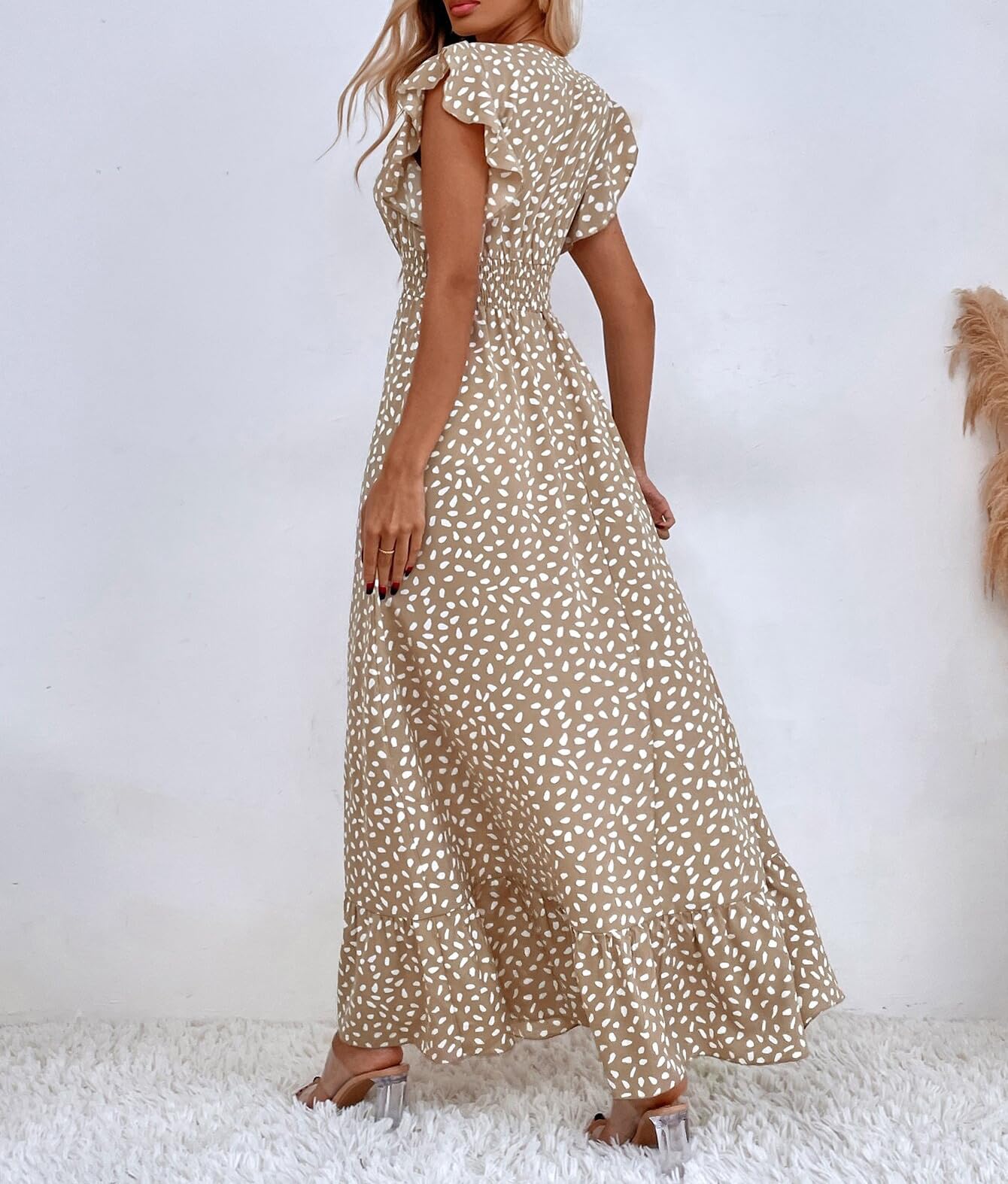 Gina maxi jurk dames – V-hals bloemenprint, pettal mouwen & elastische taille, luchtig zomer