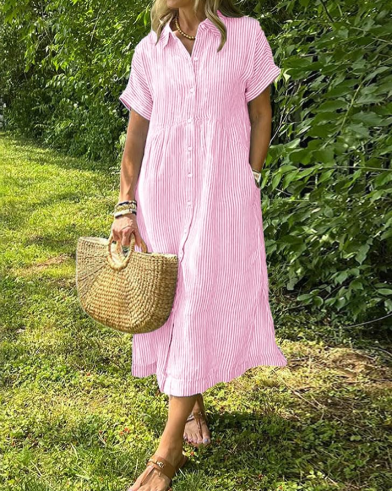 Laylani Robe Chemise Femme – Rayures Midi Boutonnée, Manches Courtes & Coupe A-Line Fluide