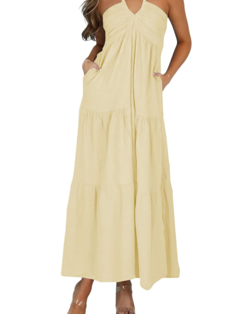 Φόρεμα Leticia Maxi για γυναίκες – Ρυθμιζόμενη halter λαιμόκοψη, ρευστή γραμμή με βολάν & τσέπες για το καλοκαίρι