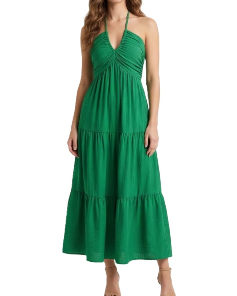 Φόρεμα Leticia Maxi για γυναίκες – Ρυθμιζόμενη halter λαιμόκοψη, ρευστή γραμμή με βολάν & τσέπες για το καλοκαίρι