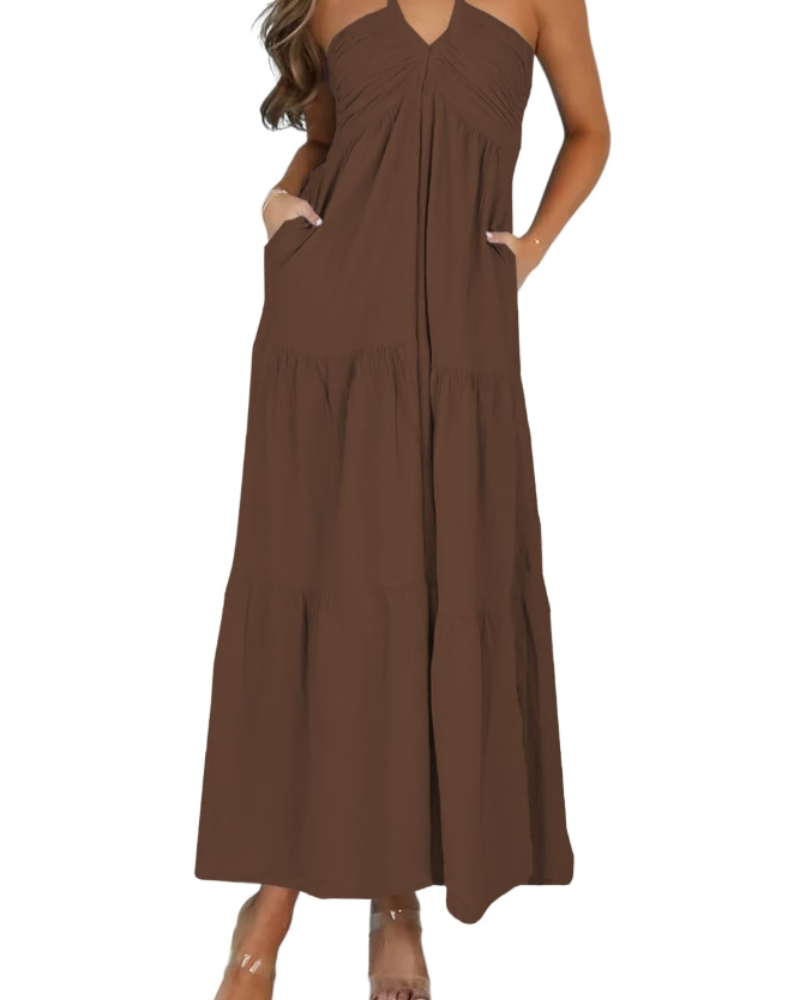 Φόρεμα Leticia Maxi για γυναίκες – Ρυθμιζόμενη halter λαιμόκοψη, ρευστή γραμμή με βολάν & τσέπες για το καλοκαίρι