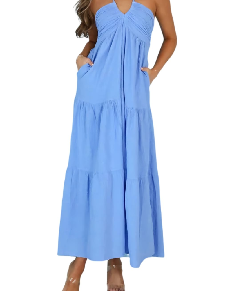Φόρεμα Leticia Maxi για γυναίκες – Ρυθμιζόμενη halter λαιμόκοψη, ρευστή γραμμή με βολάν & τσέπες για το καλοκαίρι