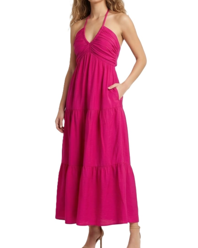 Φόρεμα Leticia Maxi για γυναίκες – Ρυθμιζόμενη halter λαιμόκοψη, ρευστή γραμμή με βολάν & τσέπες για το καλοκαίρι