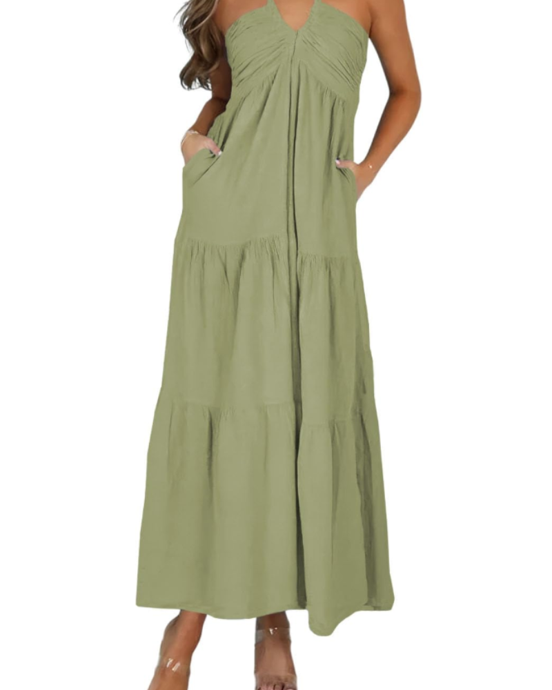 Φόρεμα Leticia Maxi για γυναίκες – Ρυθμιζόμενη halter λαιμόκοψη, ρευστή γραμμή με βολάν & τσέπες για το καλοκαίρι