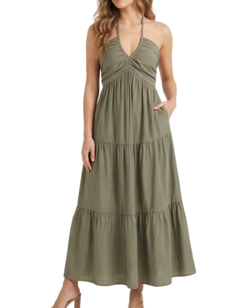 Φόρεμα Leticia Maxi για γυναίκες – Ρυθμιζόμενη halter λαιμόκοψη, ρευστή γραμμή με βολάν & τσέπες για το καλοκαίρι