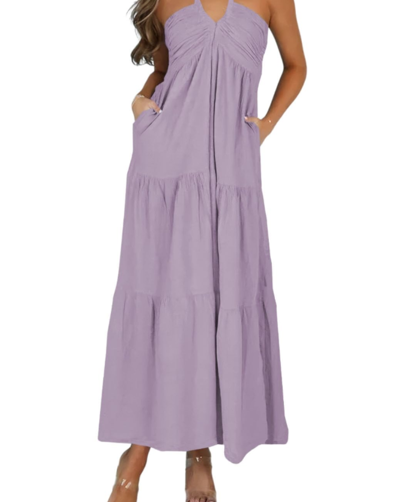 Φόρεμα Leticia Maxi για γυναίκες – Ρυθμιζόμενη halter λαιμόκοψη, ρευστή γραμμή με βολάν & τσέπες για το καλοκαίρι