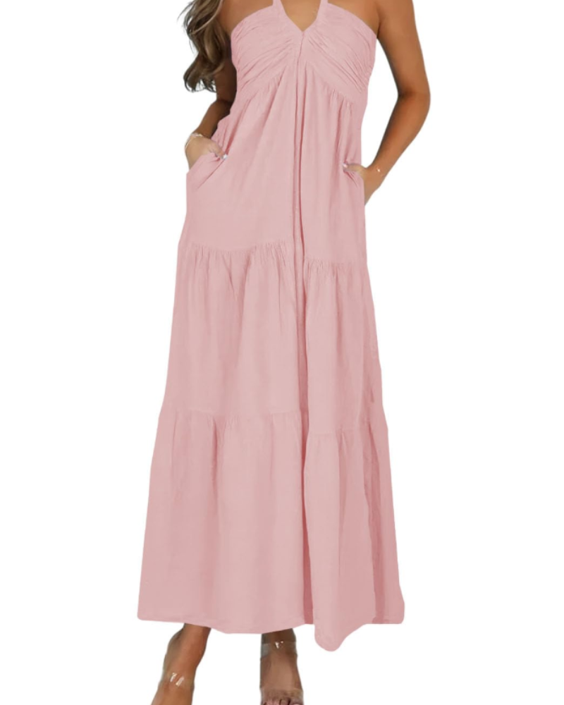 Φόρεμα Leticia Maxi για γυναίκες – Ρυθμιζόμενη halter λαιμόκοψη, ρευστή γραμμή με βολάν & τσέπες για το καλοκαίρι