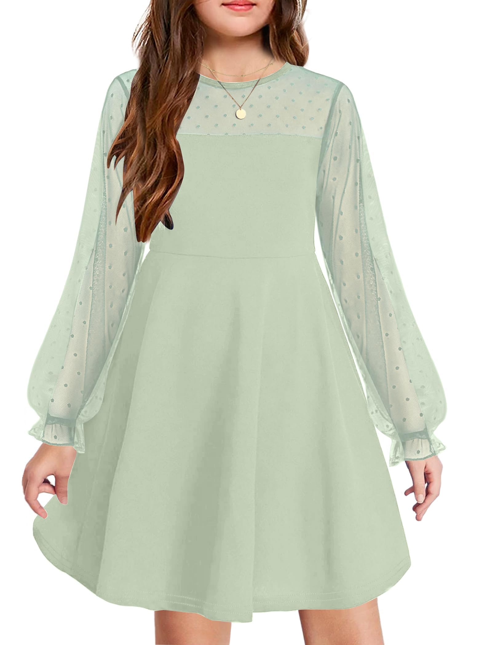 Aishi Mädchenkleid – Lange Mesh-Ärmel, A-Linien Schnitt & Hohe Taille mit Taschen