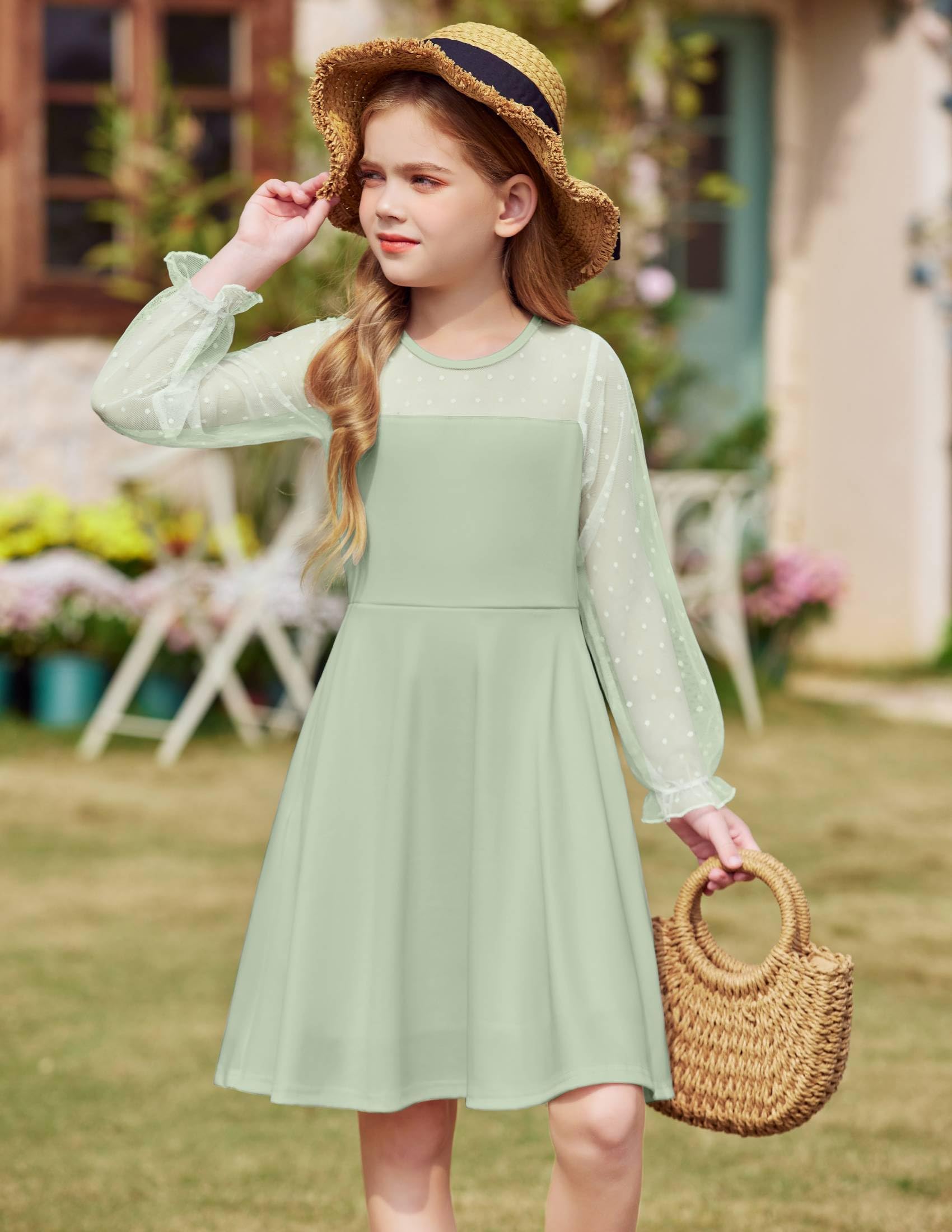 Aishi Mädchenkleid – Lange Mesh-Ärmel, A-Linien Schnitt & Hohe Taille mit Taschen