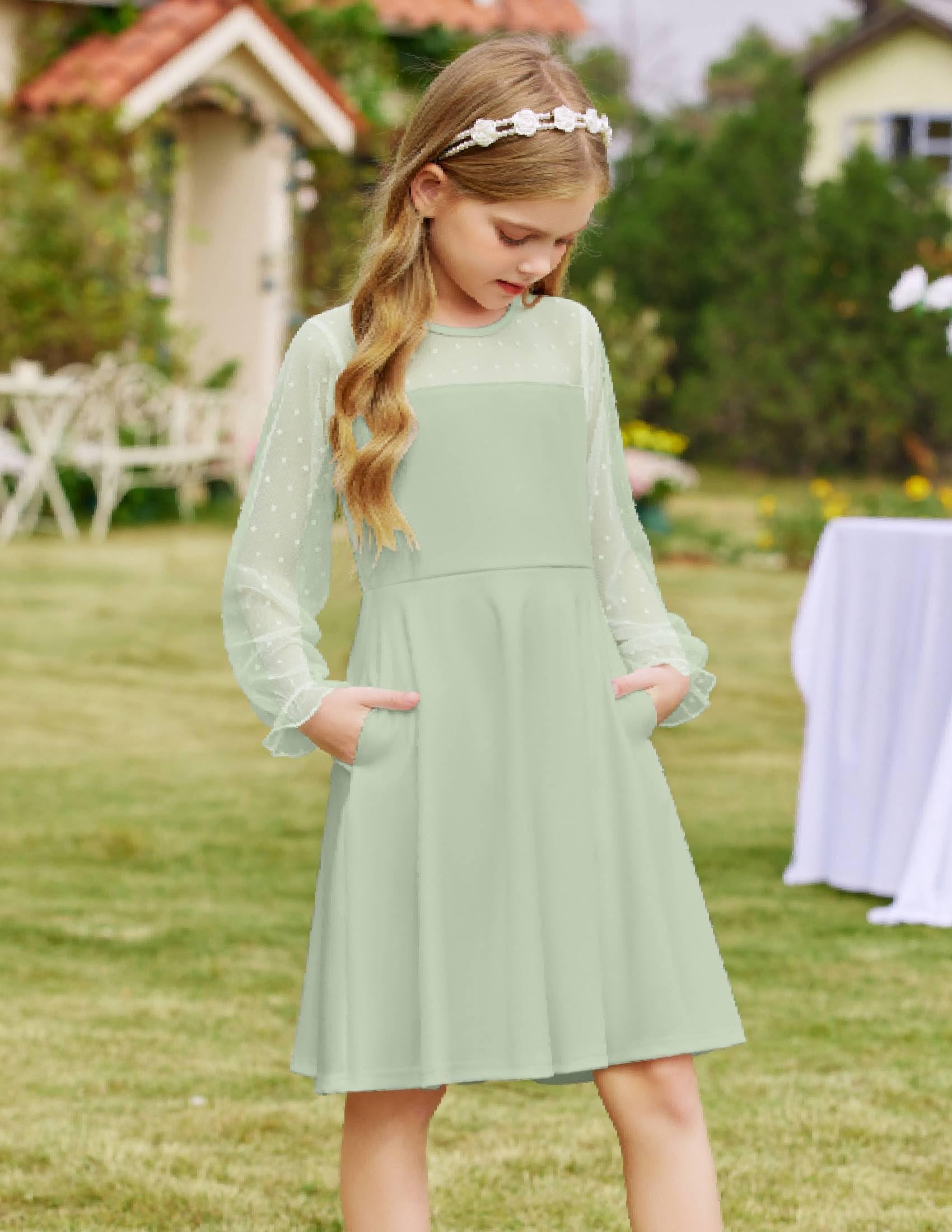 Aishi Mädchenkleid – Lange Mesh-Ärmel, A-Linien Schnitt & Hohe Taille mit Taschen