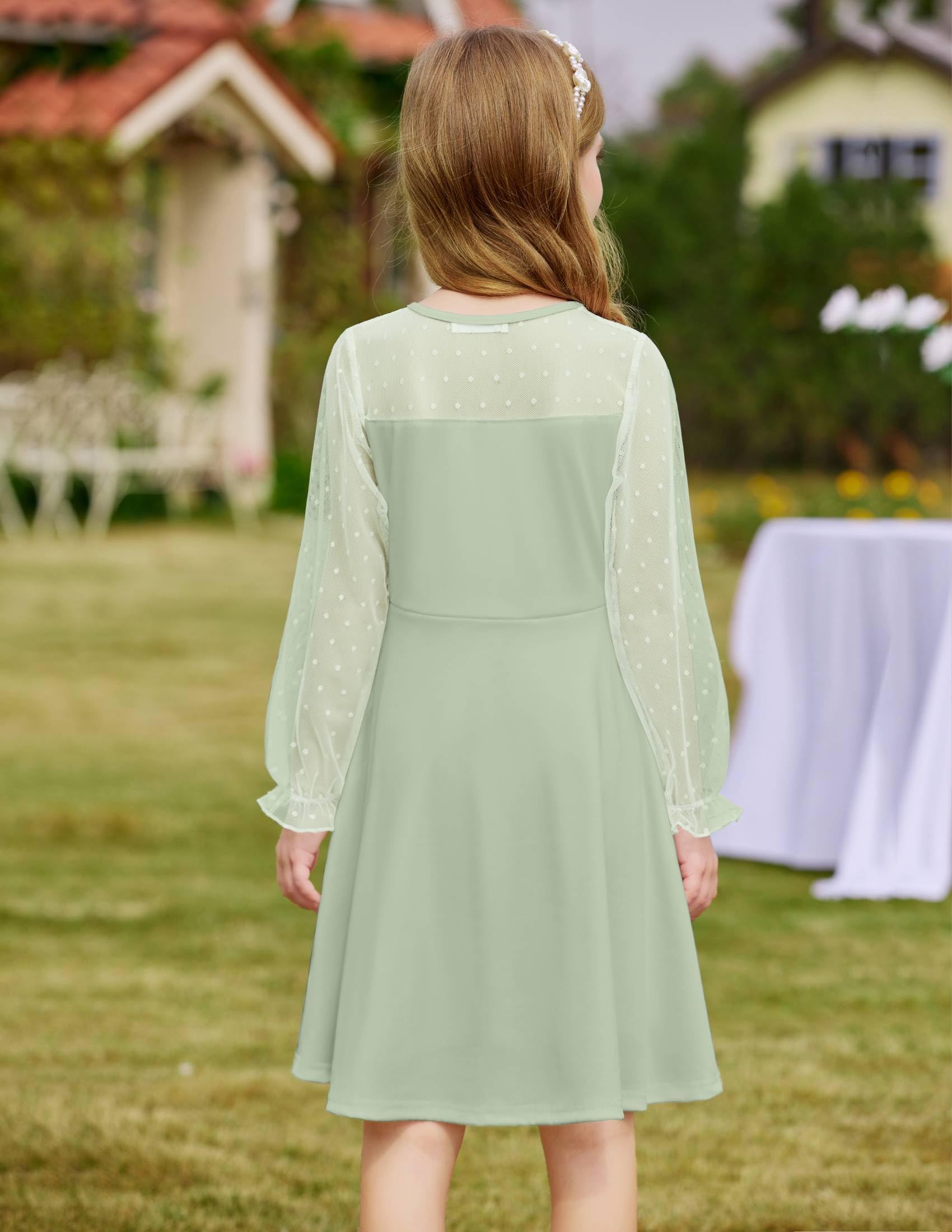 Aishi Mädchenkleid – Lange Mesh-Ärmel, A-Linien Schnitt & Hohe Taille mit Taschen