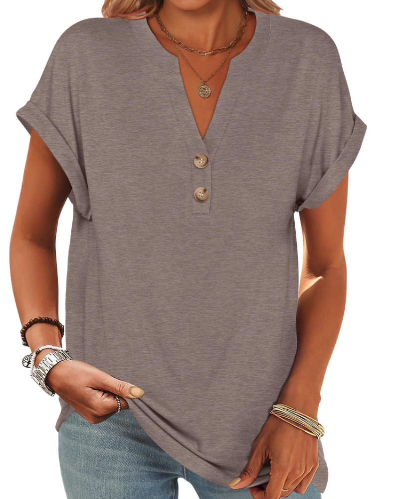 Manon Top Femme – Blusa Henley con Cuello en V Abotonado, Corte Fluido Casual Chic Verano