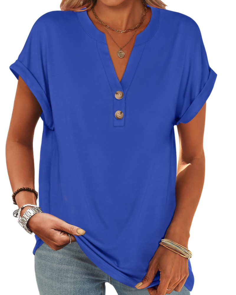 Manon Top Femme – Blusa Henley con Cuello en V Abotonado, Corte Fluido Casual Chic Verano