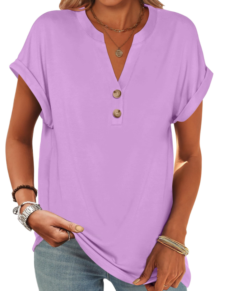 Manon Top Femme – Blusa Henley con Cuello en V Abotonado, Corte Fluido Casual Chic Verano