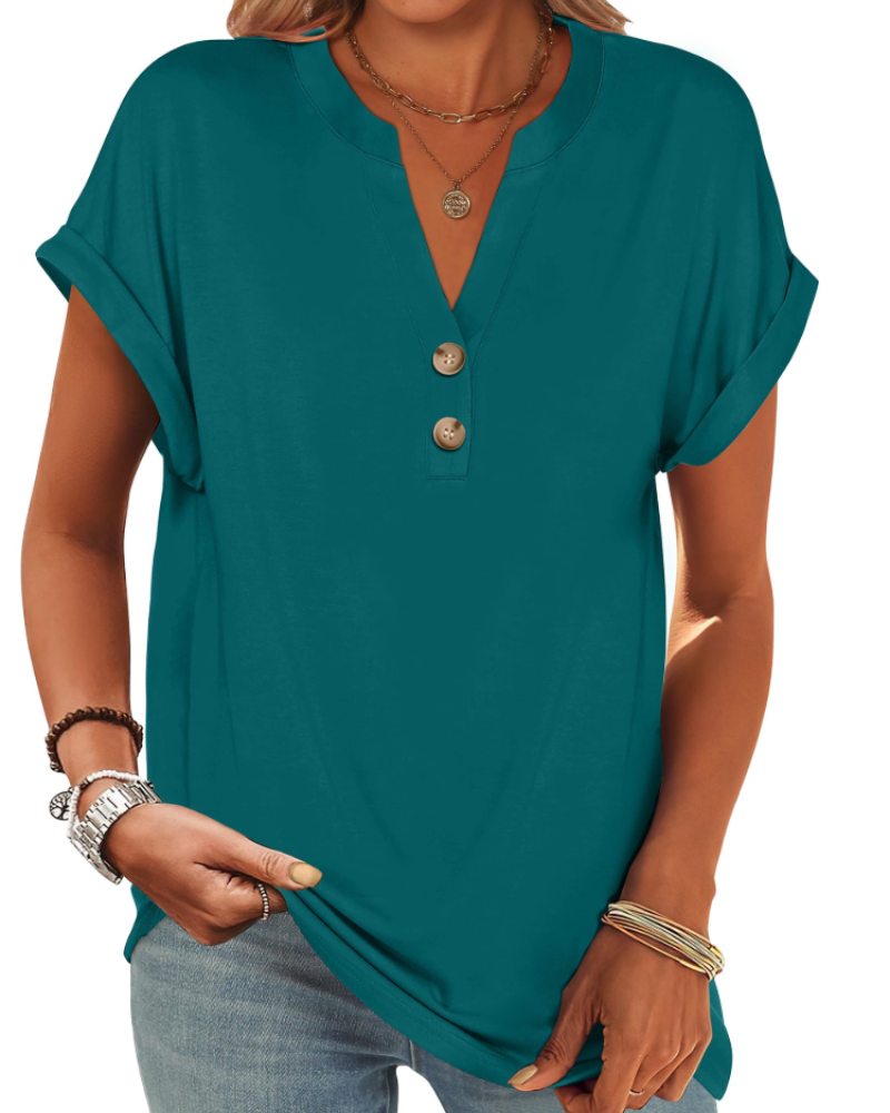 Manon Top Femme – Blusa Henley con Cuello en V Abotonado, Corte Fluido Casual Chic Verano
