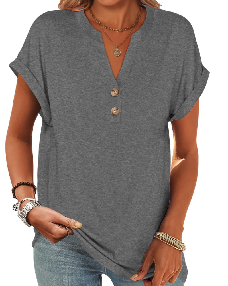 Manon Top Femme – Blusa Henley con Cuello en V Abotonado, Corte Fluido Casual Chic Verano