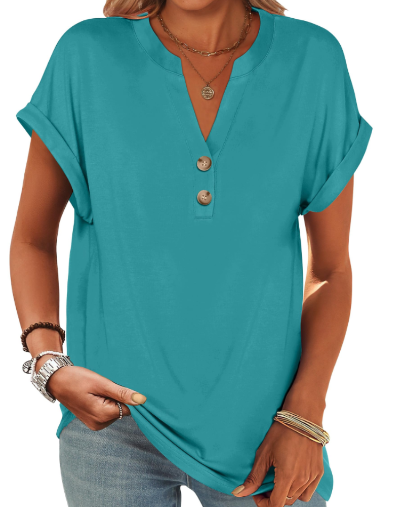 Manon Top Femme – Blusa Henley con Cuello en V Abotonado, Corte Fluido Casual Chic Verano