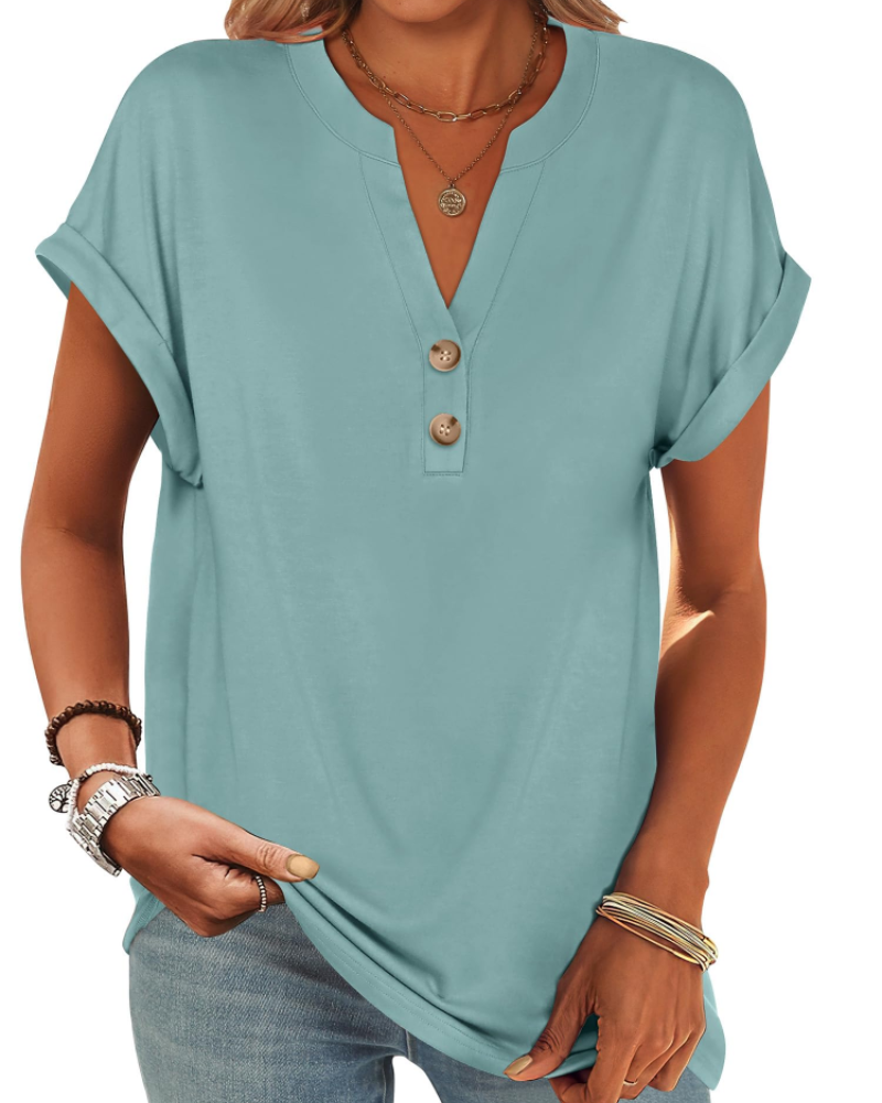 Manon Top Femme – Blusa Henley con Cuello en V Abotonado, Corte Fluido Casual Chic Verano