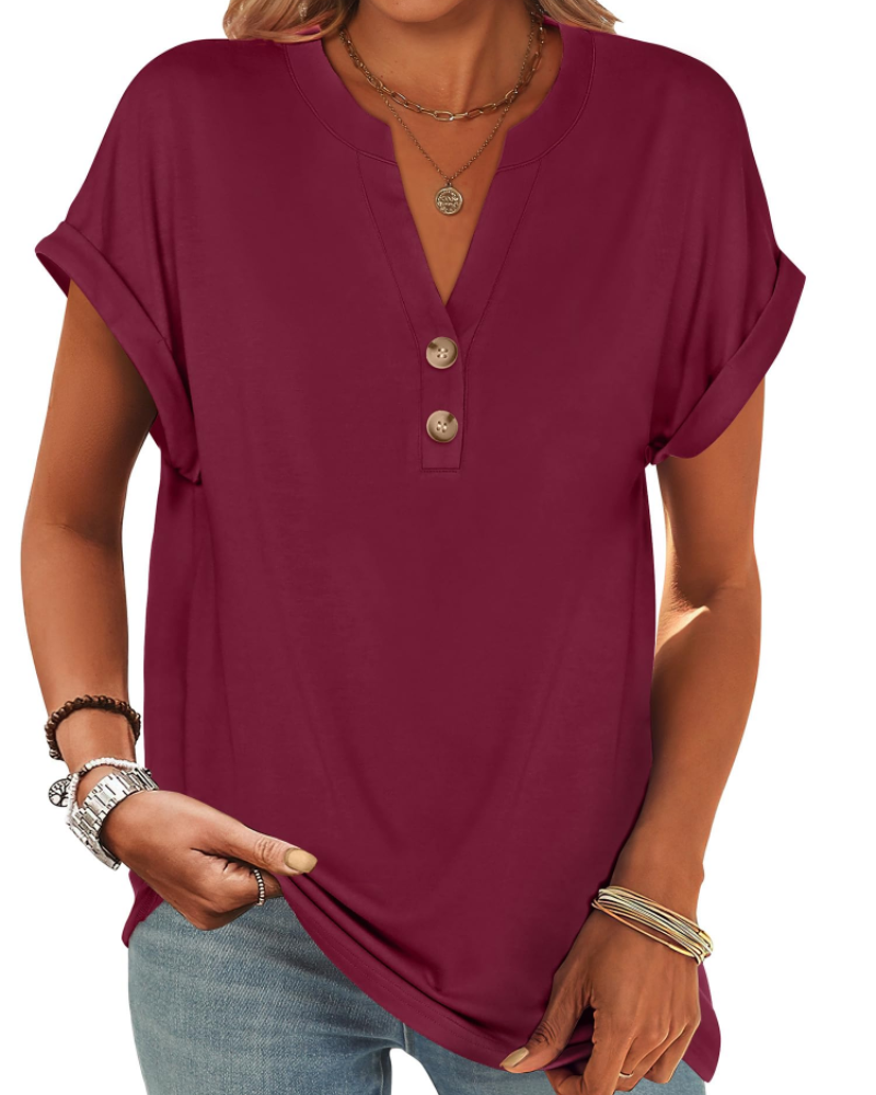 Manon Top Femme – Blusa Henley con Cuello en V Abotonado, Corte Fluido Casual Chic Verano