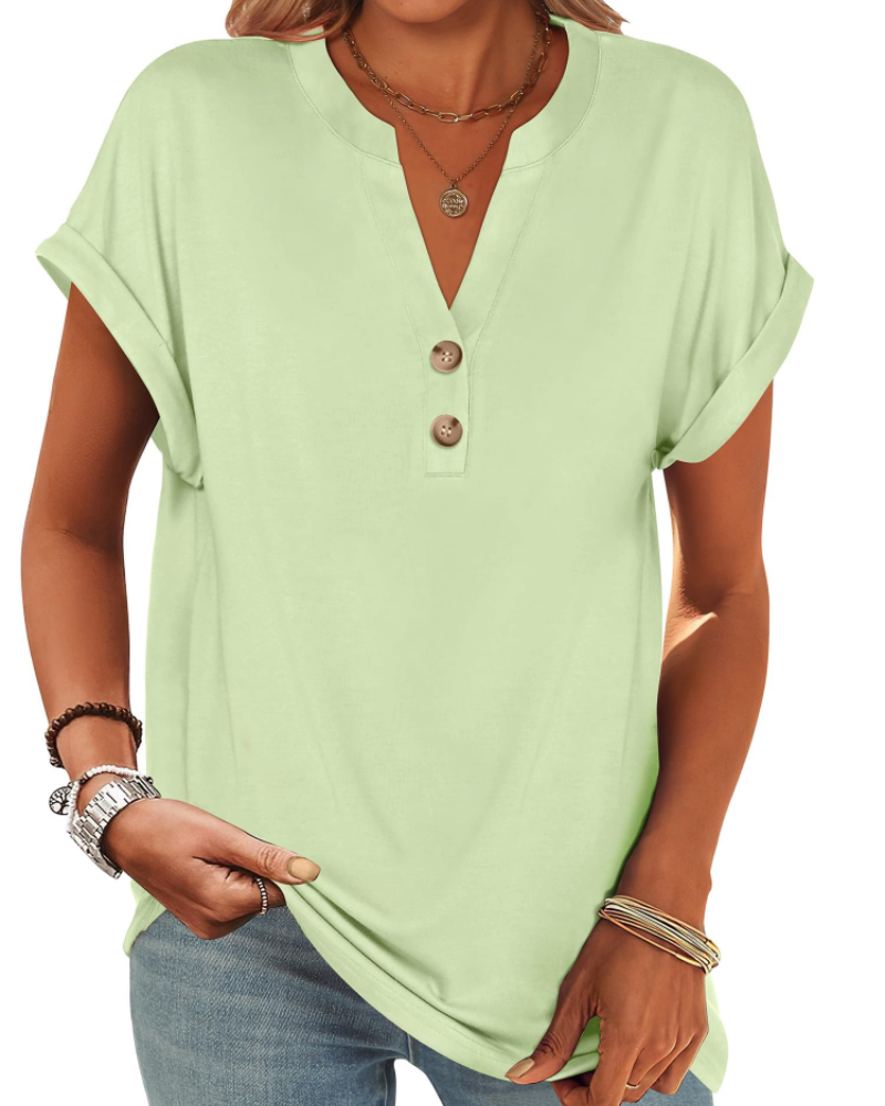 Manon Top Femme – Blusa Henley con Cuello en V Abotonado, Corte Fluido Casual Chic Verano