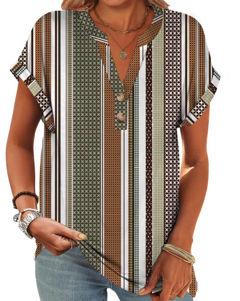 Manon Top Femme – Blusa Henley con Cuello en V Abotonado, Corte Fluido Casual Chic Verano